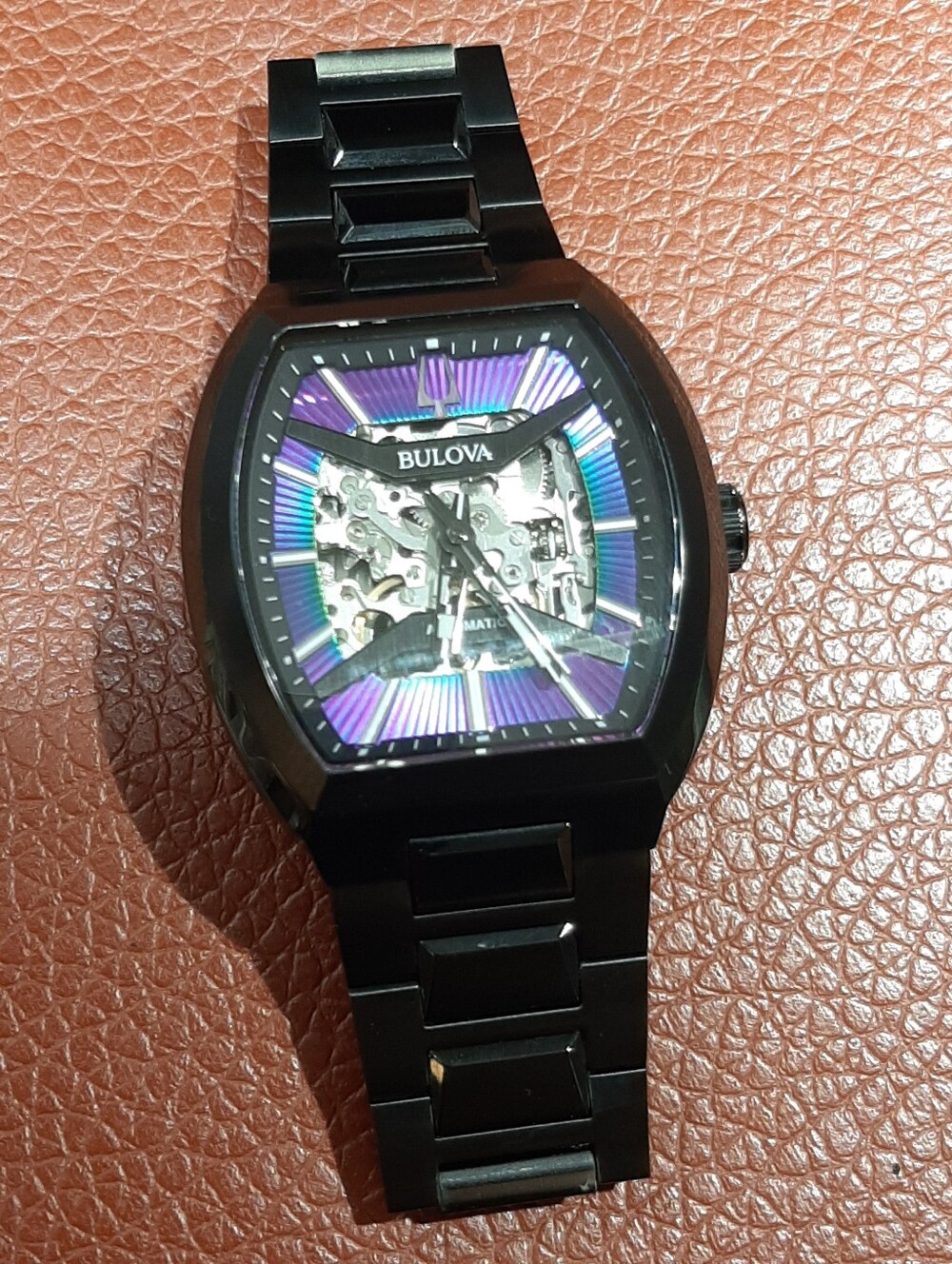 Bulova Maquina 98A320 Automatic Watch Men Black Stainless Steel Skeleton Rainbow